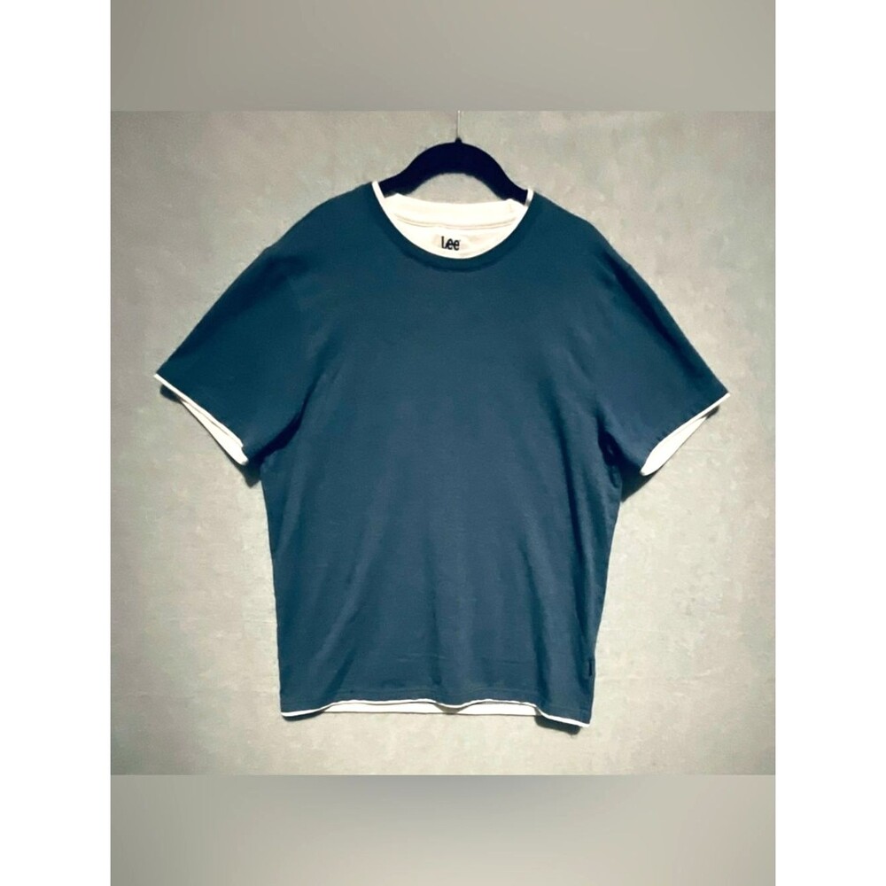 Lee Large Blue Teal Layered Look Ringer Tee Shirt L Cotton Contrast Trim Basic